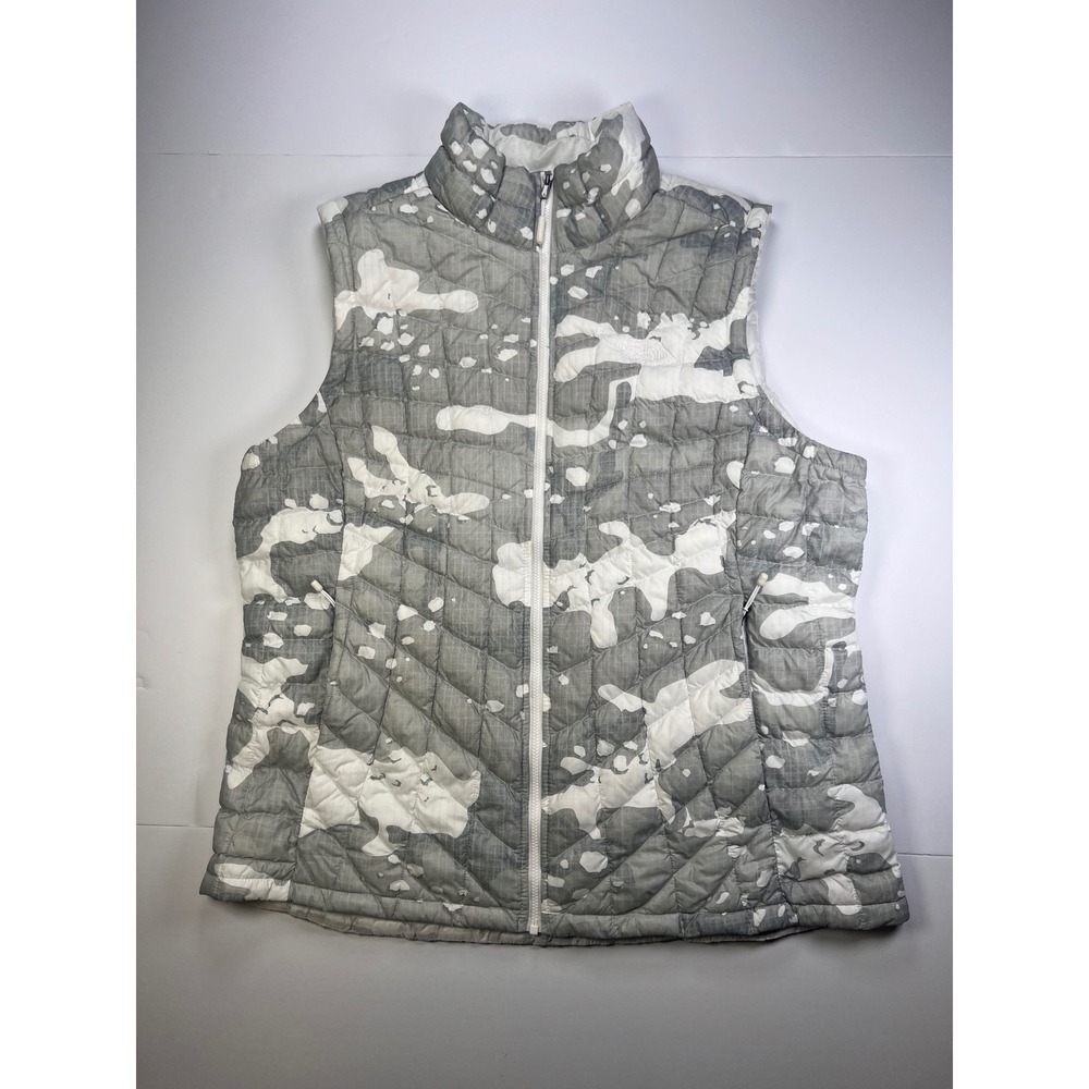 The North Face ThermoBall Vest Womens XL Gray White Camo Quilted Puffer Full Zip